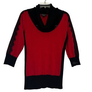 knit Top Blouse Mock Neck Women’s Sz L Red Black Two Tone Lace Trim by Amy Wear